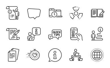 Education icons set. Included icon as Teamwork, Mobile survey, Time management signs. Globe, Agreement document, Feedback symbols. Timer, Chat message, Quick tips. Chemical hazard. Vector