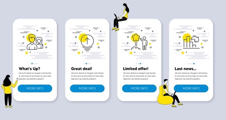 Obraz na płótnie Canvas Set of Business icons, such as Star, Couple, Swipe up icons. UI phone app screens with people. Decreasing graph line symbols. Launch rating, Male and female, Scrolling page. Column chart. Vector