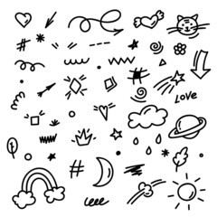 Sketch set with doodles design elements. Linear style vector sketch. Isolated creative objects