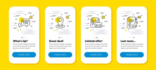 Vector set of Location, Vacancy and Quick tips line icons set. UI phone app screens with line icons. Copywriting icon. Map pointer, Hiring job, Helpful tricks. Ð¡opyright signature. Vector