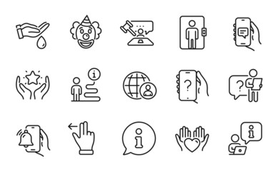 People icons set. Included icon as Chat app, Touchscreen gesture, Wash hands signs. Elevator, Ranking, International recruitment symbols. Judge hammer, Hold heart, Search employee. Clown. Vector