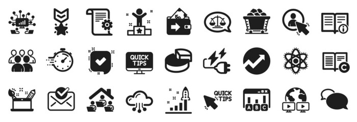 Set of Education icons, such as Development plan, Survey results, Audit icons. Work home, Teamwork, Group signs. Technical documentation, Winner, User. Coal trolley, Timer, Web tutorials. Vector