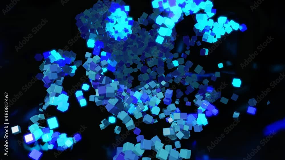 Aufkleber blue cubes fly in air and form pattern in 3d space. cubes light up and go out like a new year's garl