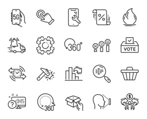 Vector set of Delivery notification, 360 degrees and Decreasing graph line icons set. Vote box, Seo gear and Search text icons. Full rotation, Customer satisfaction and Fire energy signs. Vector