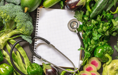 Fresh vegetables are arranged around notebook with stethoscope. Healthy food concept top view. Copy space
