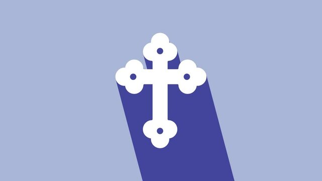 White Christian cross icon isolated on purple background. Church cross. 4K Video motion graphic animation
