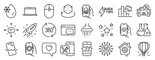 Fototapeta na wymiar Set of Technology icons, such as Seo message, Sms, Car leasing icons. Approved app, Security app, Laptop signs. Quickstart guide, Shower, Star. Love message, Decreasing graph, Air balloon. Vector