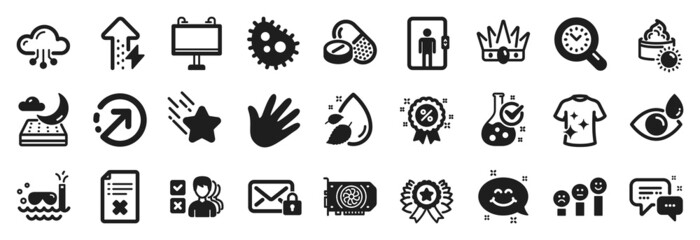 Set of Business icons, such as Winner ribbon, Elevator, Clean t-shirt icons. Customer satisfaction, Energy growing, Secure mail signs. Eye drops, Chemistry lab, Night mattress. Gpu, Hand. Vector