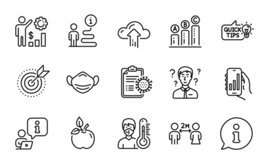Science icons set. Included icon as Thermometer, Medical mask, Employees wealth signs. Cloud upload, Education idea, Eco food symbols. Target purpose, Analysis app, Coronavirus report. Vector