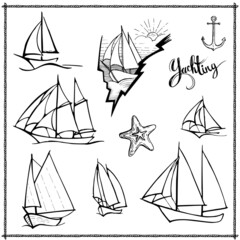 Vector set of sailing yachts. Water transport for travel, recreation and sports. Collection of black line sketch illustrations isolated on white background