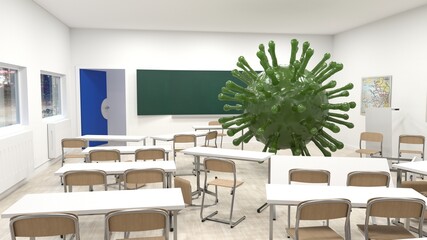 salle de classe dévastée par un virus géant - illustration 3D