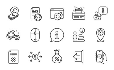 Fototapeta premium Technology icons set. Included icon as Seo gear, Reject file, Sign out signs. Internet document, Loyalty card, Dollar exchange symbols. Cashback, Timer, Chat app. Scroll down, Loan, Gears. Vector