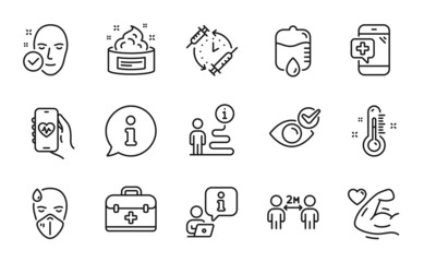 Healthcare icons set. Included icon as Strong arm, Health app, Check eye signs. Thermometer, Health skin, Skin cream symbols. Social distancing, Drop counter, Medical phone. First aid. Vector