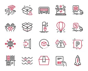 Vector Set of Transportation icons related to Parking, Parcel invoice and Airplane wifi icons. Return package, Warning and Waves signs. Flag, Airplane travel and Delivery warning. Rocket. Vector