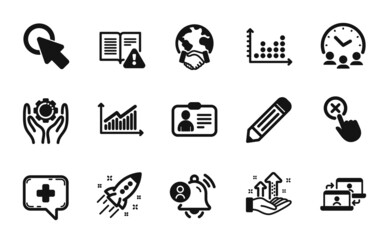 Fototapeta na wymiar Vector set of Startup rocket, Graph and Meeting time icons simple set. Instruction manual, Click here and User notification icons. Medical chat, Pencil and Global business signs. Vector