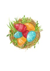 Nest with colorful easter eggs.