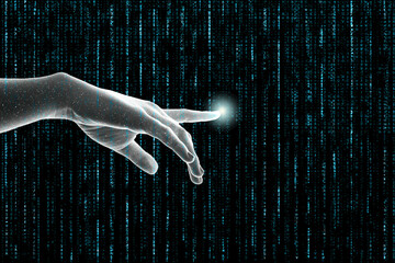 Metaverse concept. A human hand or ai hand reaches out touching matrix like lines of vertical code.