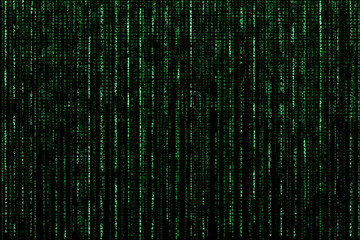 Matrix or metaverse concept with strings of green code written vertically on black background - obrazy, fototapety, plakaty