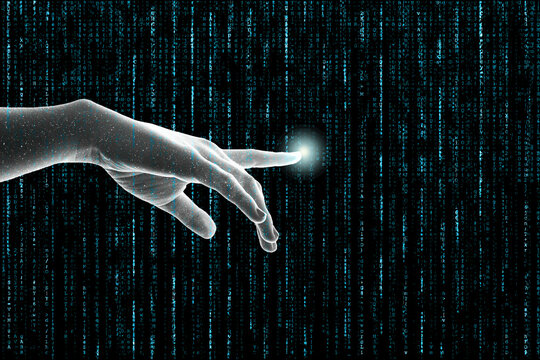 Metaverse concept. A human hand or ai hand reaches out touching matrix like lines of vertical code.