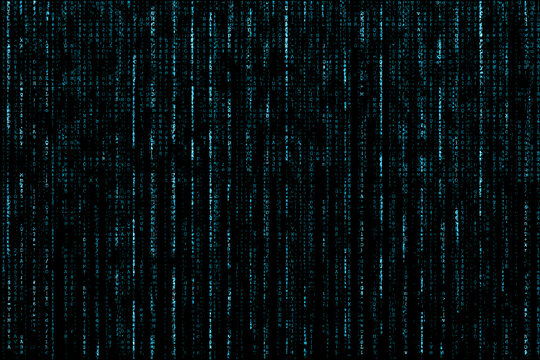 Matrix or metaverse concept with strings of turquoise code written vertically on black background