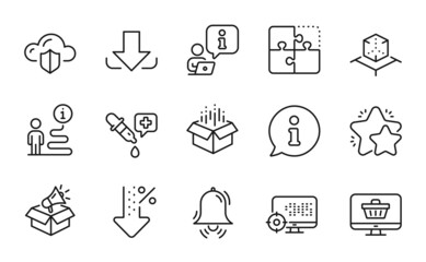 Technology icons set. Included icon as Puzzle, Clock bell, Seo signs. Low percent, Web shop, Download symbols. Open box, Star, Cloud protection. Augmented reality, Megaphone box. Vector