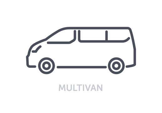 Vehicles types concept. Minimalistic icon with Multivan. Small bus for traveling and large groups of people. Car for driving around city. Cartoon flat vector illustration isolated on white background