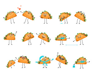 Cute character mexican taco with happy or sad emotions, panic, loving or brave face, hands and legs. Cheerful fast food person, sandwich with mask, glasses or hat. Vector flat illustration
