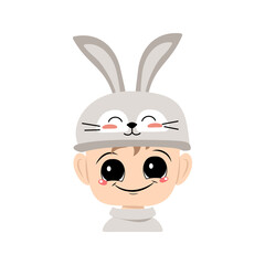 Avatar of boy with big eyes and wide happy smile in cute rabbit hat with long ears. Head of child with joyful face for holiday Easter, New Year or carnival costume for party. Vector flat illustration