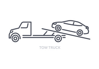 Vehicles types concept. Minimalistic icon with tow truck. Large truck for transporting improperly parked cars. Design element for apps. Cartoon flat vector illustration isolated on white background