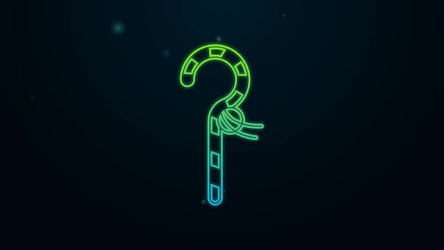 Glowing neon line Crook icon isolated on black background. Ancient Egypt symbol. Scepters of egypt. 4K Video motion graphic animation