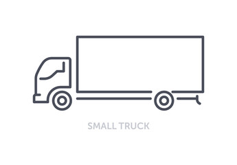 Vehicles types concept. Icon with small truck. Car with container for transporting small loads and delivering orders. Logistics transport. Cartoon flat vector illustration isolated on white background