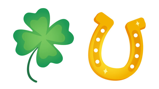 Vector set icons of lucky clover and horseshoe or Patrick's day.