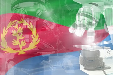 Microscope on Eritrea flag - science development conceptual background. Research in cell life or clinical medicine, 3D illustration of object