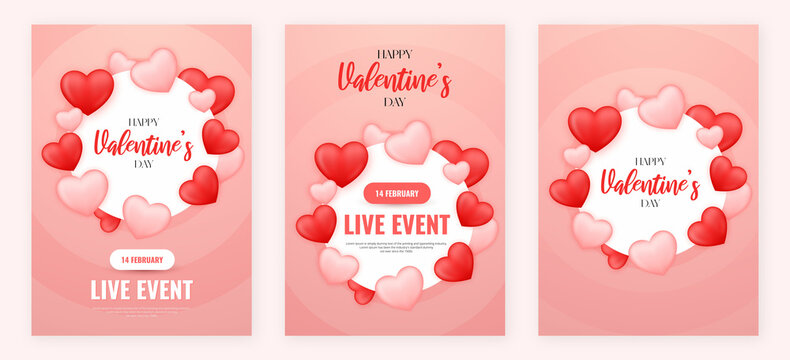 Creative 3D Heart Shape Valentines Day Live Event Party Flyer Set Design Template. 