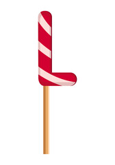 Letter L from striped red and white lollipops. Festive font or decoration for holiday or party. Vector flat illustration