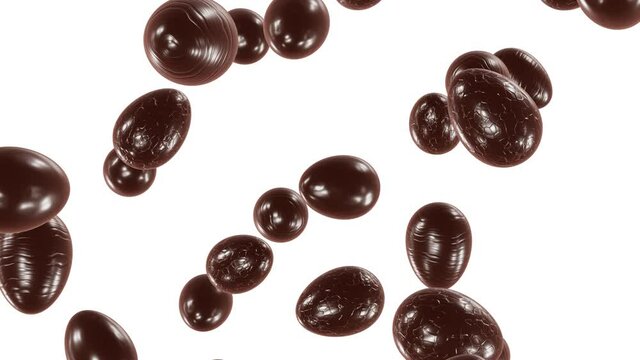 Realistic looping 3D animation of the milk chocolate Easter eggs falling from the top rendered in UHD with alpha matte