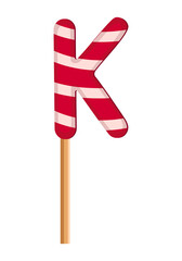 Letter K from striped red and white lollipops. Festive font or decoration for holiday or party. Vector flat illustration