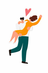 Vector isolated illustration with lovers, couple, where man holds woman in his arms. Concept of love, falling in love, marriage, declaration.