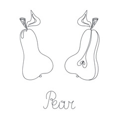 Pear and sliced piece pear drawn by one line. Food sketch. Continuous line drawing sweet fruit. For coloring book, learning card. Minimalist art. Simple vector illustration.