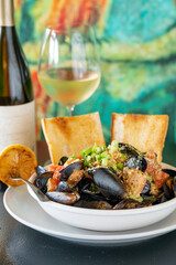 Mussels in White Wine with Tomatoes & Scallions