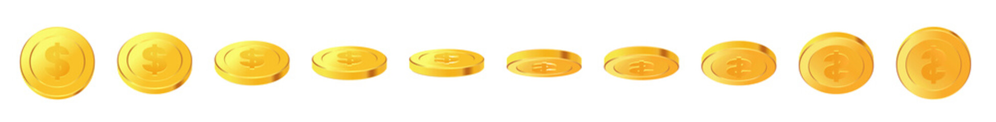 Set of rotating gold coins with dollar currency sign.