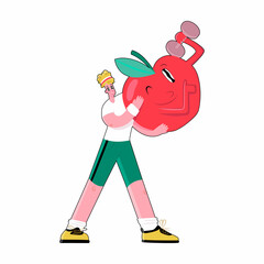 Vector isolated illustration with young male athlete holding lively apple holding a barbell. Concept of a healthy lifestyle, sports fortified nutrition, vegetarianism, veganism.