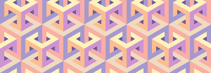 Cubes. Seamless vector geometric 3D pattern. Intertwining. Optical illusions. Op Art. Endless template for fabric, wrapping, poster, cover. Modern textile. Artistic background. Pastel colors. 3D Tiles
