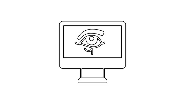 Black line Eye of Horus on monitor icon isolated on white background. Ancient Egyptian goddess Wedjet symbol of protection, royal power and good health. 4K Video motion graphic animation