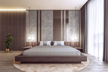 Modern interior design bedroom mock-up with big window and illuminated wooden slats, 3d rendering