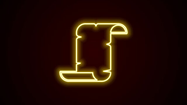 Glowing neon line Ancient papyrus scroll icon isolated on black background. Parchment paper. Ancient Egypt symbol. 4K Video motion graphic animation