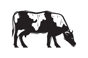 Agriculture and Farming concept. Minimalistic icon with black cow grazing on field. Simple sticker with cattle or animal. Cartoon flat hand drawn vector illustration isolated on white background
