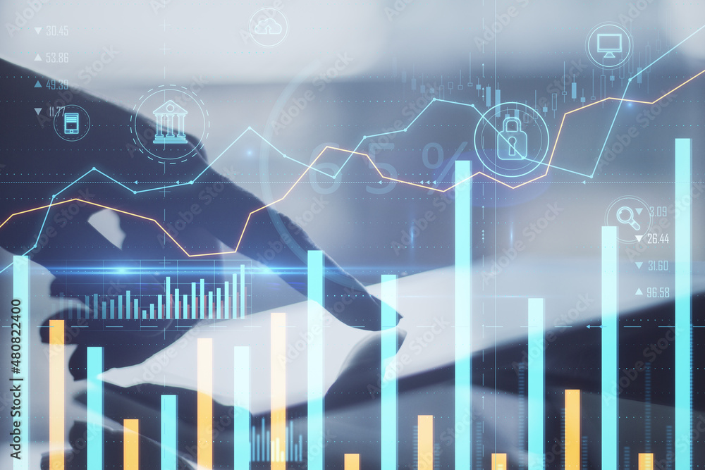 Poster close up of hands pointng at tablet with creative glowing business chart on blurry background. onlin