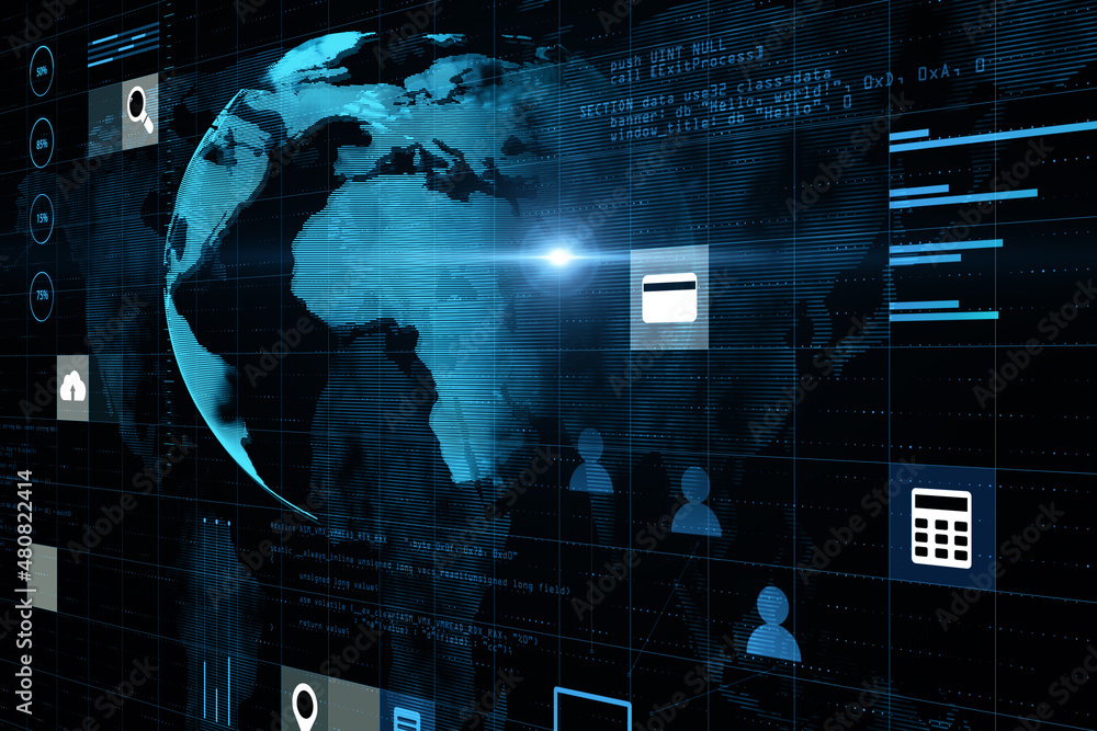 Poster abstract digital social globe grid hologram on blurry dark background. technology, data, information