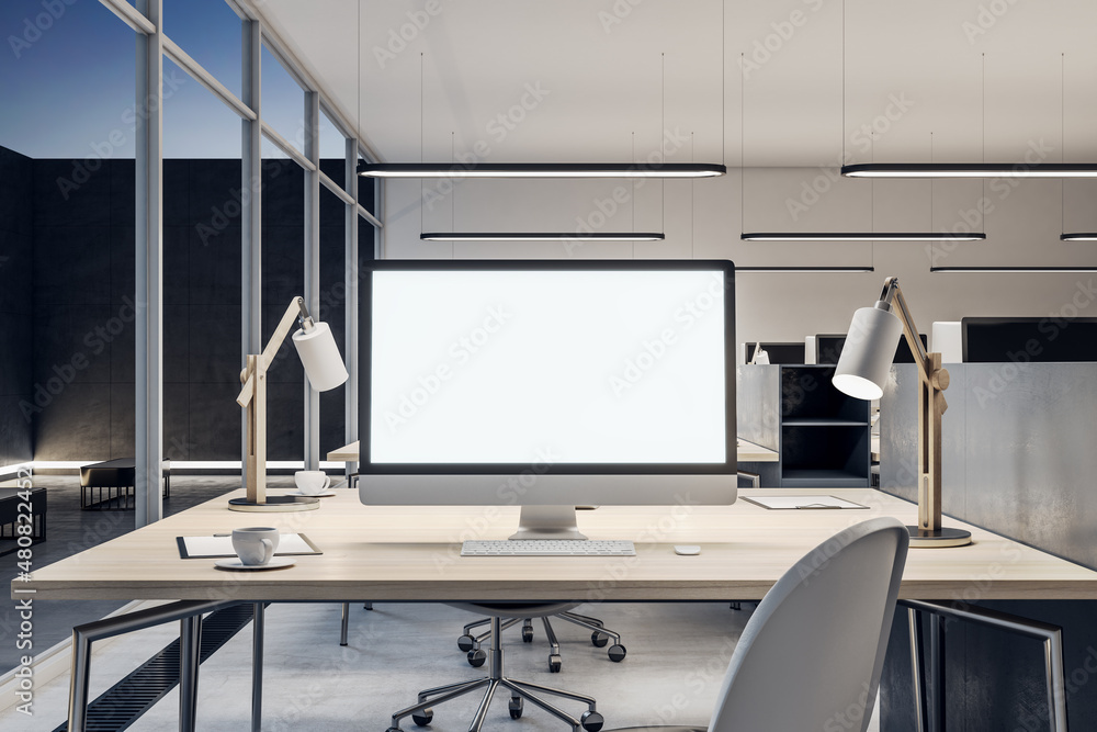 Poster Close up of blank white mock up computer monitor on wooden office desktop in modern interior. Workplace concept. 3D Rendering.